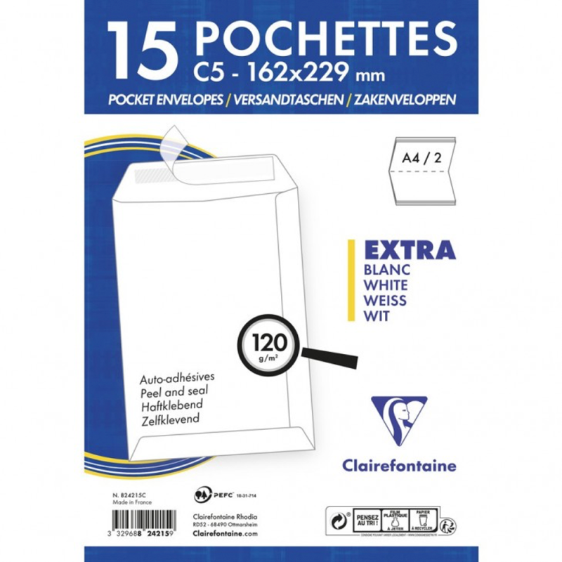 15 pochettes auto ashésives blanches SS film 162x229 - Clairefontaine