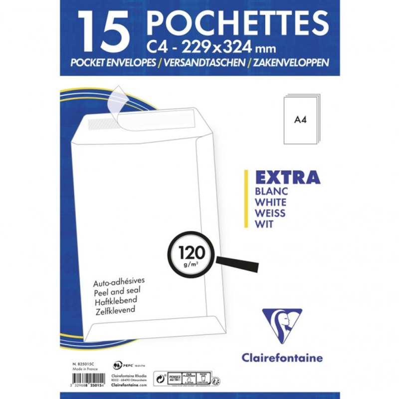 15 pochettes auto ashésives blanches SS film 229x324 - Clairefontaine